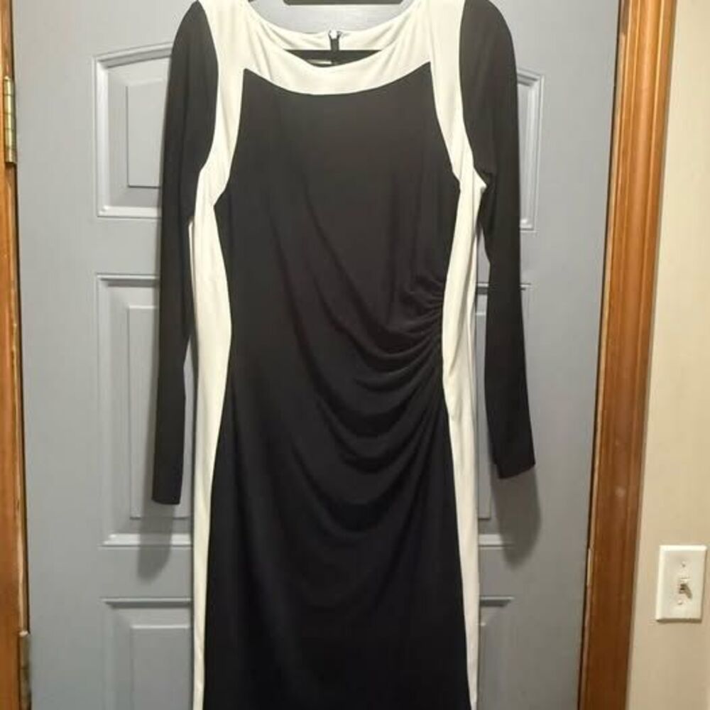 Ralph Lauren (14) Black and White Long Sleeve slim illusion wrap Dress